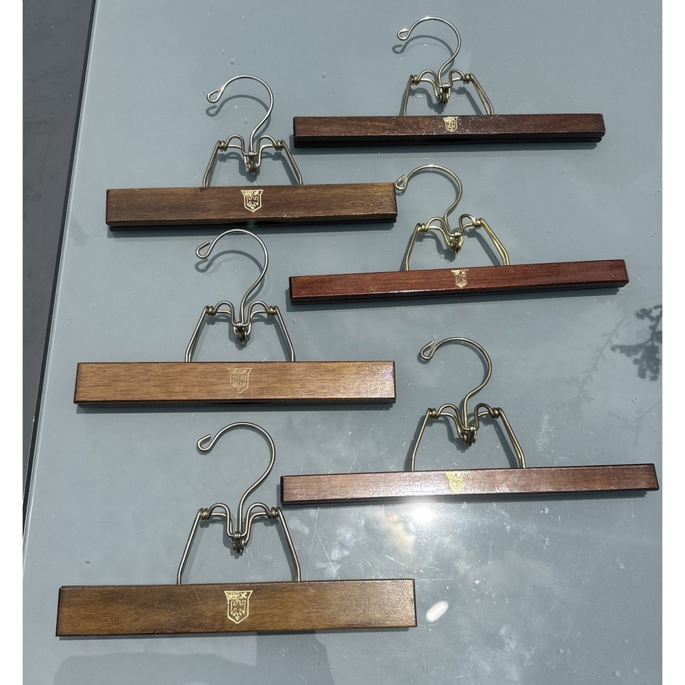 SETWELL Wooden Locking Hangers 10" and 12" Vtg Lot of 6 Pants Skirt Hangers USA